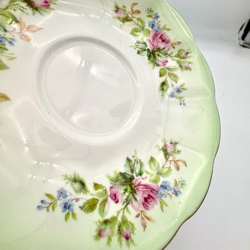 Royal Albert Teacup Saucer Bone China Vintage Green Pink Gold Tone